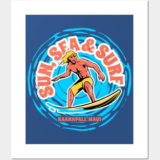 Vintage Sun, Sea & Surf Kaanapali Maui Hawaii // Retro Surfing // Surfer Catching Waves Posters and Art